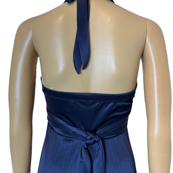 Women Pleated Halter Party Dress Small S Navy Blue Knee Length Stretch - Picture 6 of 13
